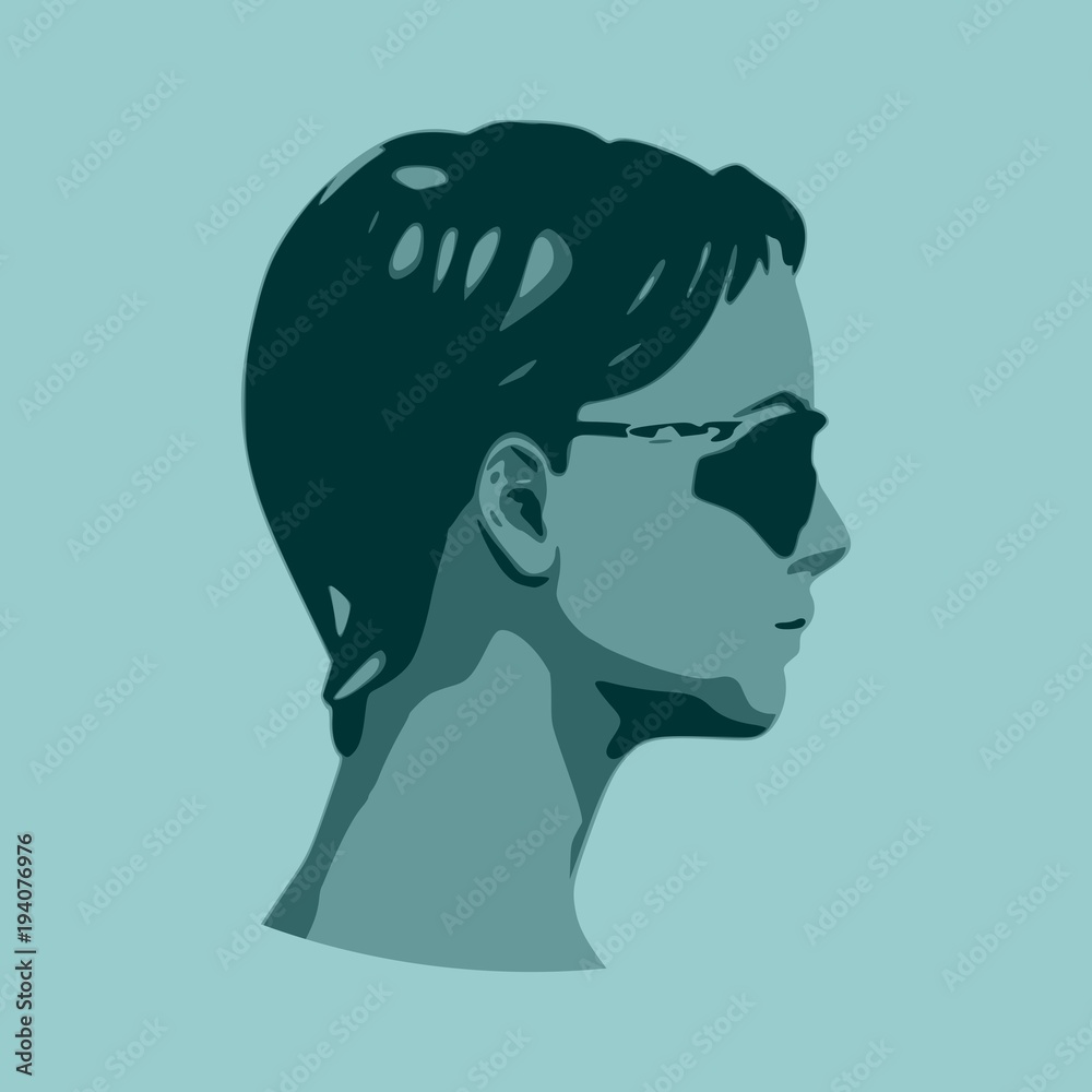 Portrait of beautiful woman in black sunglasses. Short hair. Side view