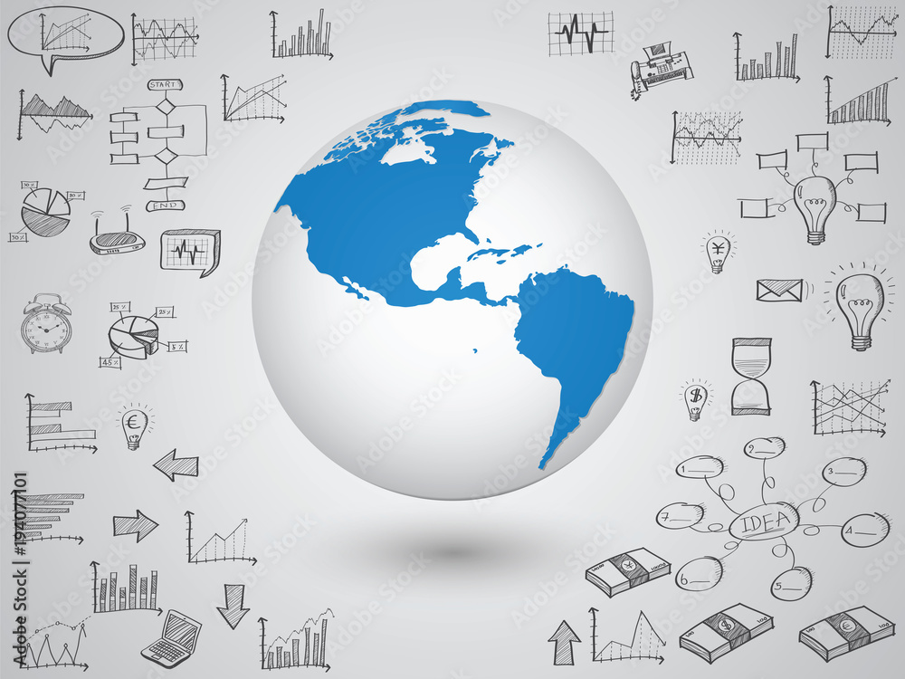 Globe and Doodle ChartWorld Map Globe with Web icons, Business icons and Technology icons for technology and business concept, Vector Illustration EPS 10. Globe and Doodle ChartWorld Map Globe with Web icons, Business icons and Technology icons for technology and business concept, Vector Illustration EPS 10.