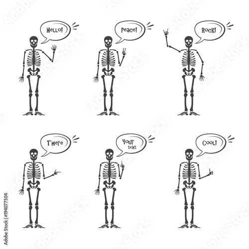 Skeleton hand gestures set: ok, finger up, finger down, fist, middle finger, Rock n roll horns, clapping palms and other emoji. Human skeleton posing isolated on white background illustration.