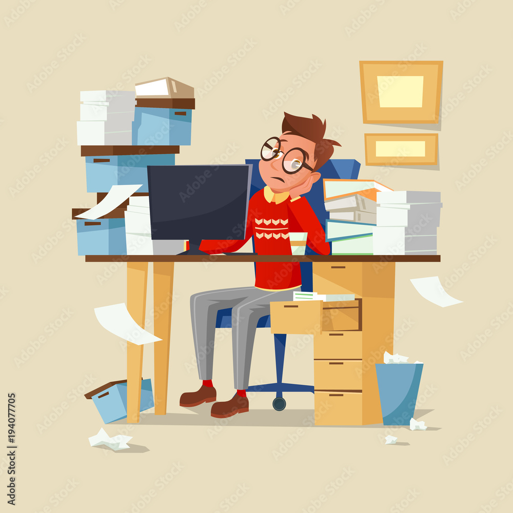 Office manager work routine vector illustration. Tired frustrated man in glasses sitting on chair at office table full of documents working in computer and drinking coffee and leaning head on hand Office manager work routine vector illustration. Tired frustrated man in glasses sitting on chair at office table full of documents working in computer and drinking coffee and leaning head on hand