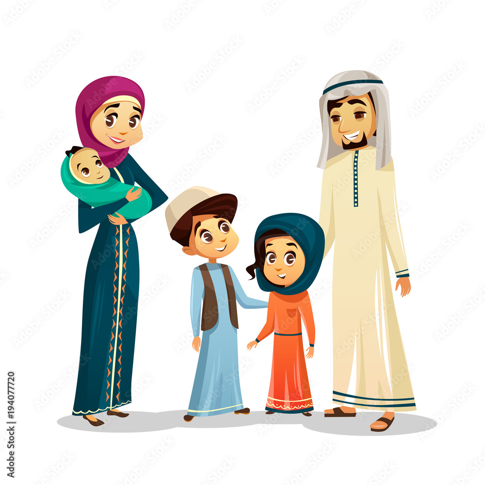 Arab Islamic family in traditional clothing vector illustration. Happy of  father and mother parents, boy and girl children and baby isolated flat  characters of Arabic country in Muslim culture clothes Stock Vector