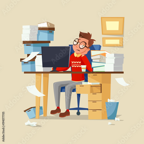 Office manager work routine vector illustration. Tired frustrated man in glasses sitting on chair at office table full of documents working in computer and drinking coffee and leaning head on hand