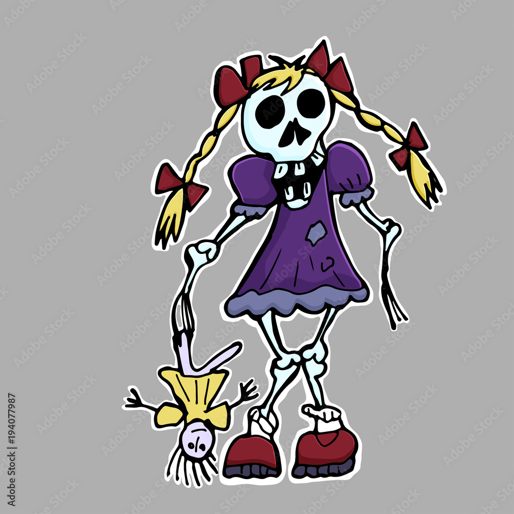 Naklejka premium Hand drawn vector illustration. Zombie girl. Sticker. Cartoon patch badges.