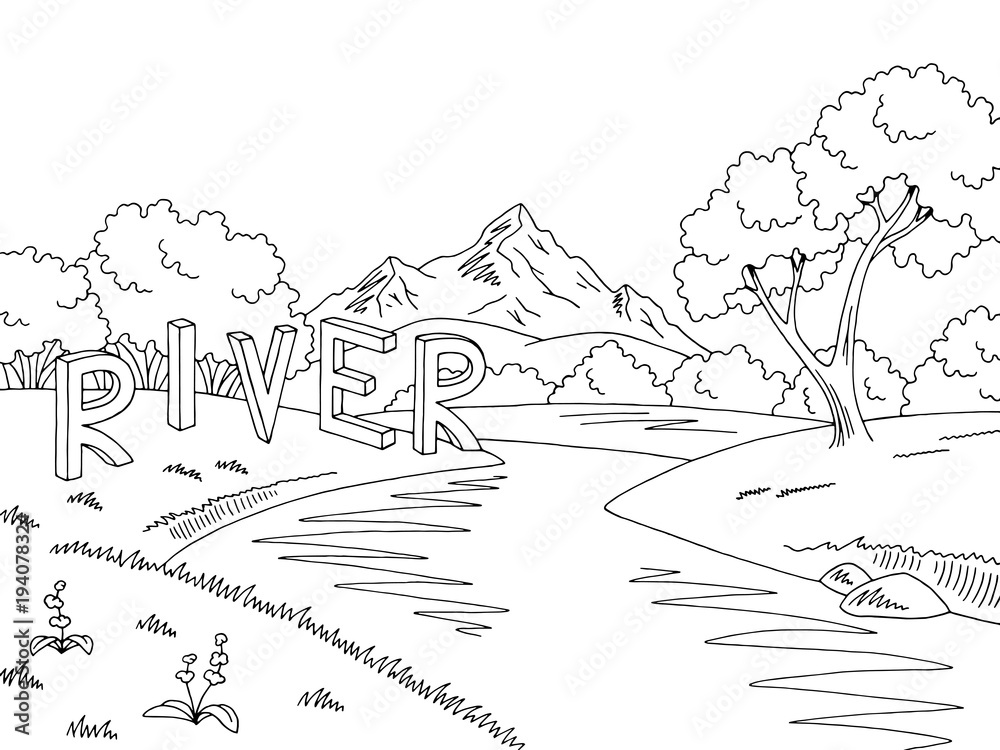Fototapeta Mountain river graphic black white landscape sketch illustration vector