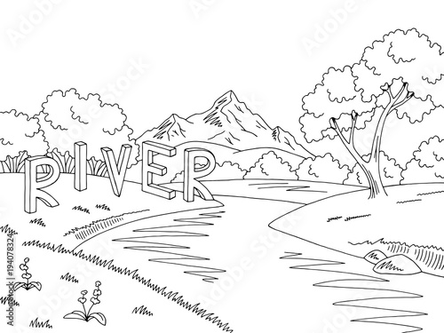Mountain river graphic black white landscape sketch illustration vector