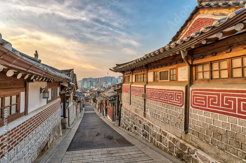 Seoul sunrise city skyline at Bukchon Hanok Village, Seoul, South Korea