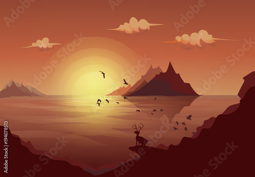 Deer standing on the rock looking at the landscape mountain island sea with sun and cloud along the flock of flying birds