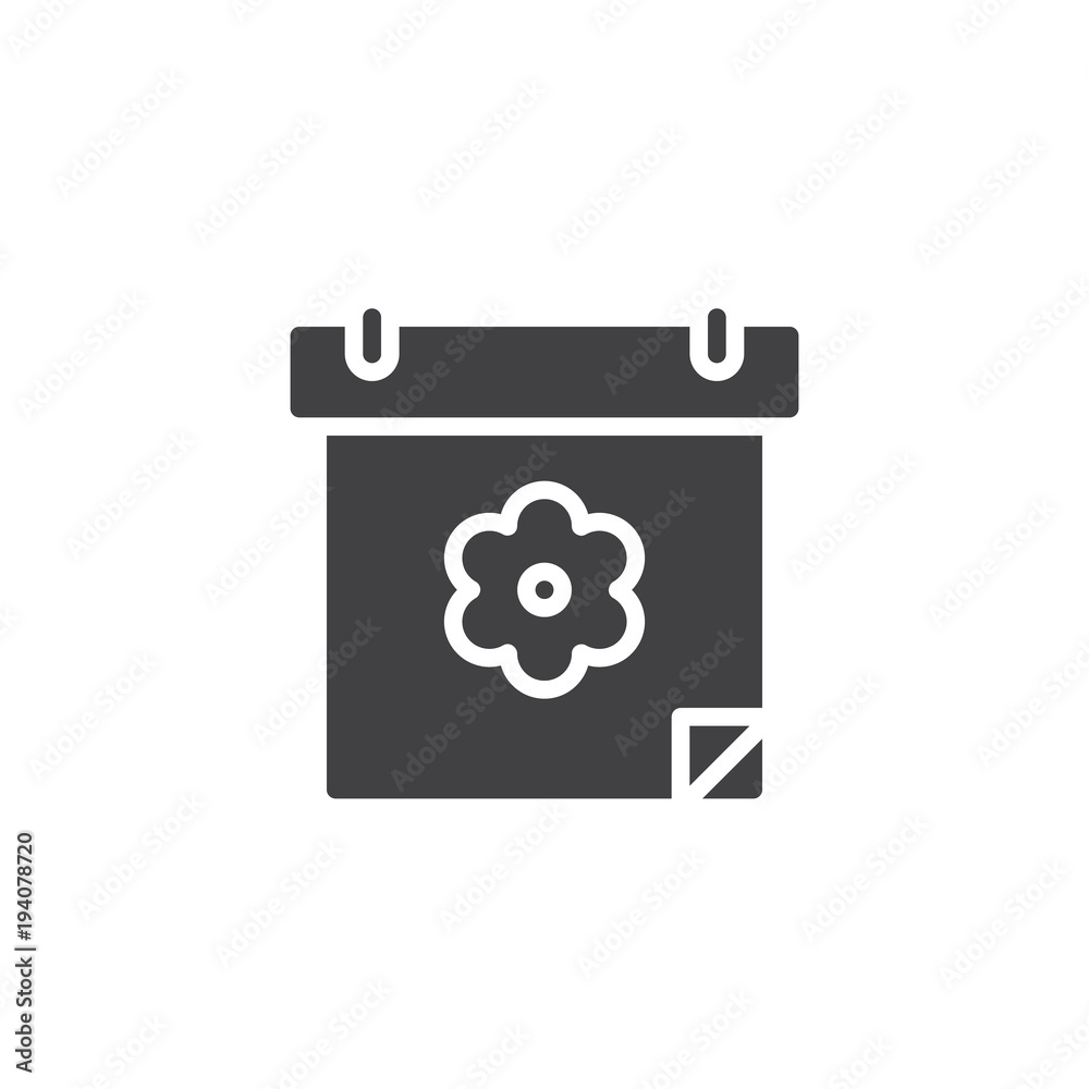 Calendar with flower vector icon. filled flat sign for mobile concept and web design. Sedding shedule simple solid icon. Symbol, logo illustration. Pixel perfect vector graphics Calendar with flower vector icon. filled flat sign for mobile concept and web design. Sedding shedule simple solid icon. Symbol, logo illustration. Pixel perfect vector graphics