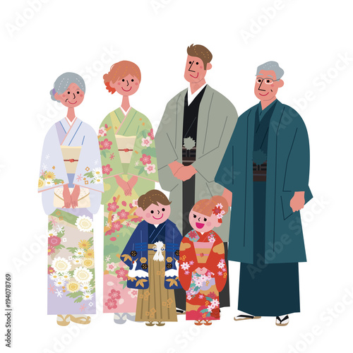 着物　三世代　家族　イラスト
