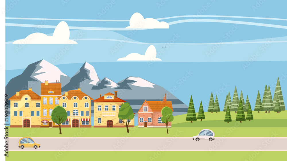 Cute cityscape, beautiful houses, mountains, cartoon style, isolated, vector, illustration
