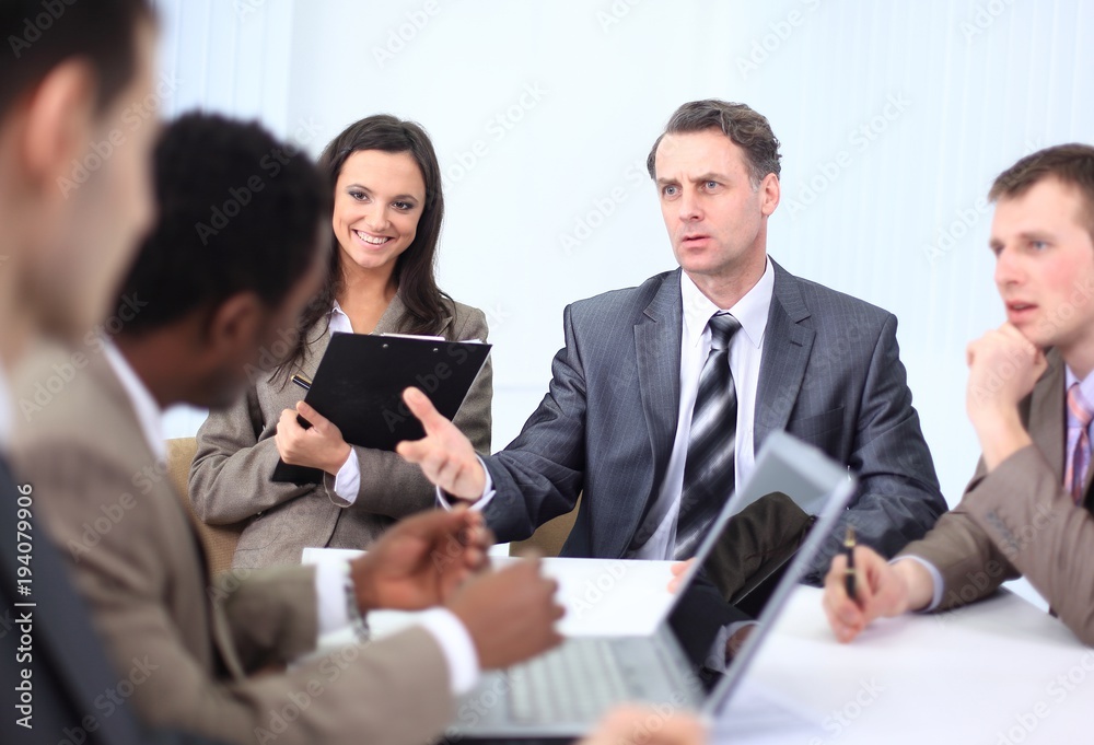 businessman holds working meeting with employees businessman holds working meeting with employees