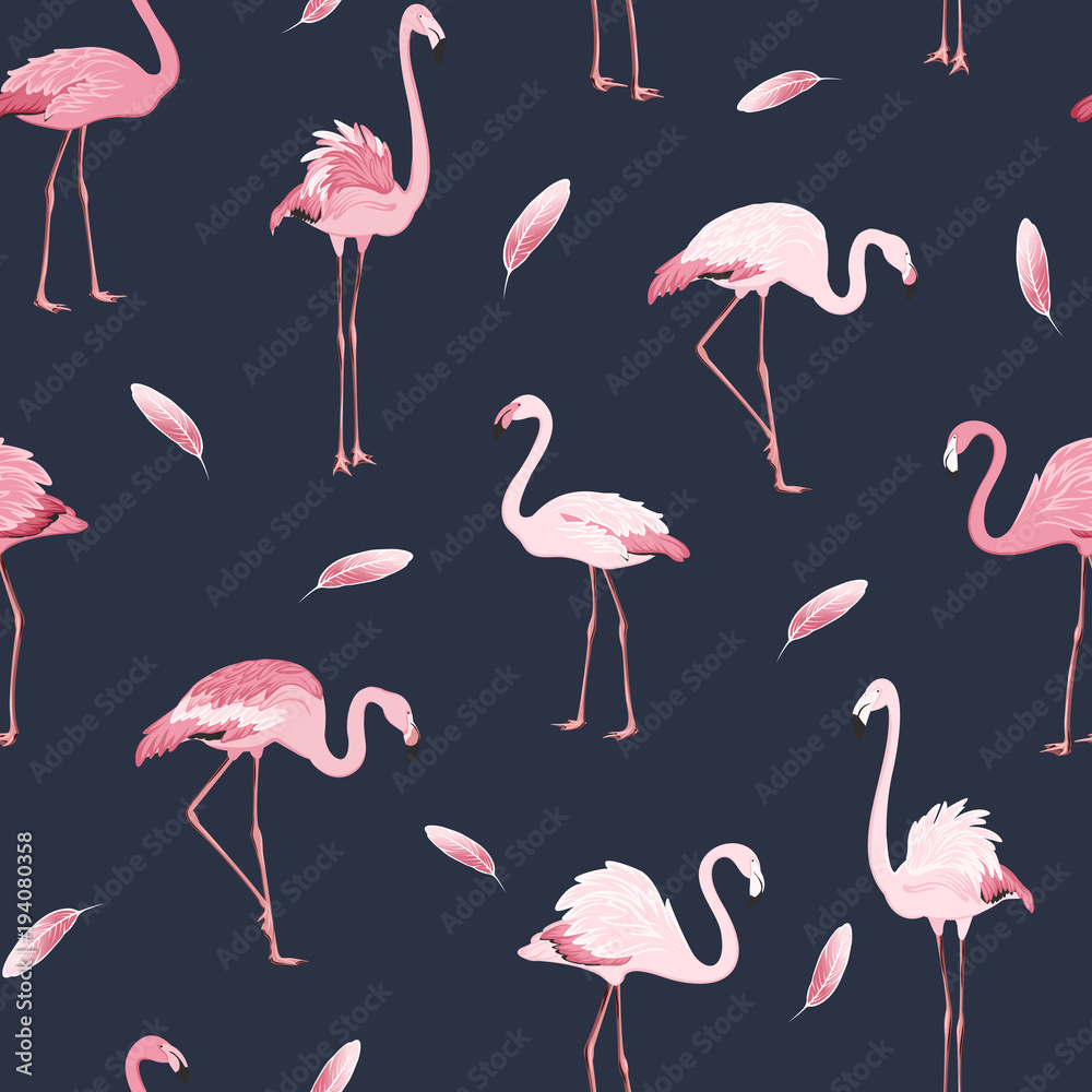 Obraz premium Exotic pink flamingos flock flamboyance colony and feather seamless pattern on dark blue navy background. Wading bird species realistic detailed vector design illustration.