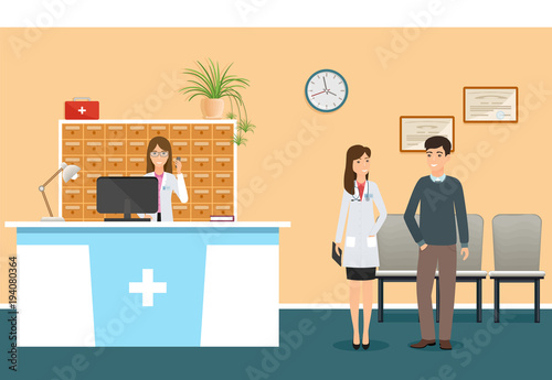 Young nurse at hospital reception desk in clinic and woman doctor in uniform standing with patient. Scene from hospital