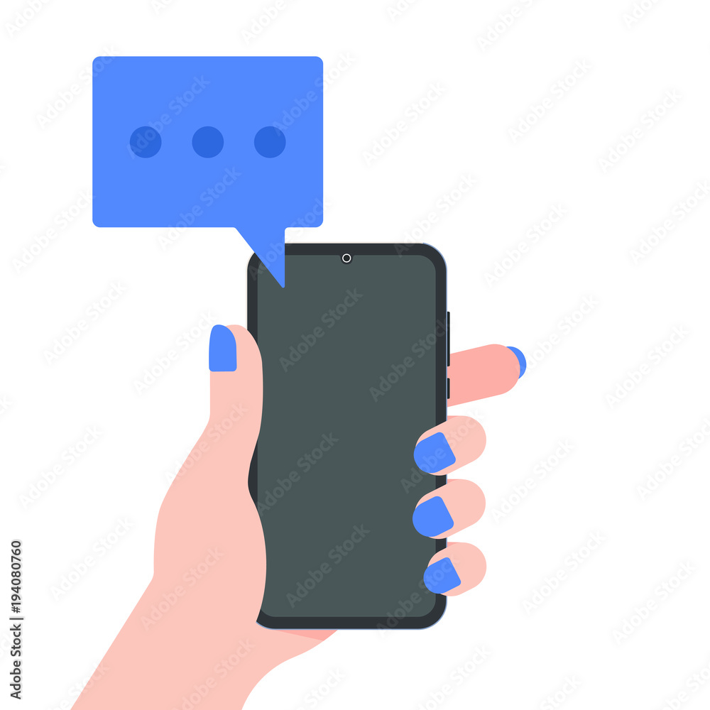 Hand holding black mobile phone with blue chat bubbles on the screen isolated on background. Smartphone on human's hand chating vector illustration