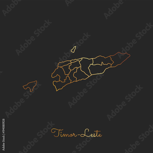 Timor-Leste region map: golden gradient outline on dark background. Detailed map of Timor-Leste regions. Vector illustration.