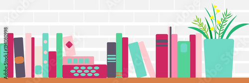 vector illustration of bookshelves with retro style books and flowers