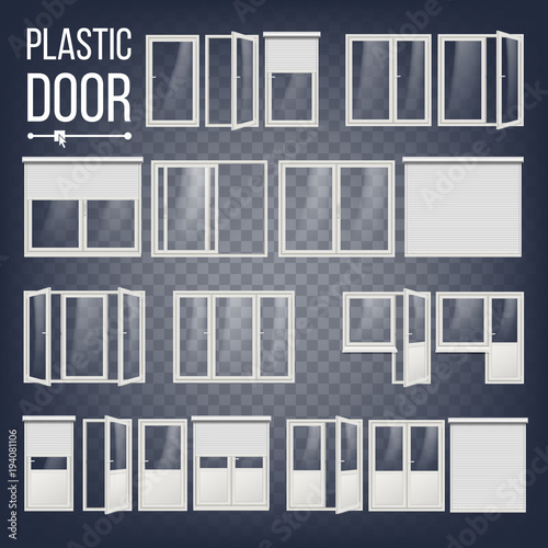 Plastic Door Vector. Plastic Door Frame. Energy Saving. Different Types. Interior, Exterior Element. Isolated On Transparent Background Illustration