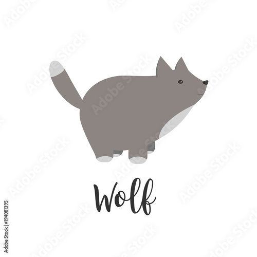  baby animal and hand letters. Greeting card with cute wolf. cartoon illustration of baby animals. Logo, badges, banners, emblem and design elements.