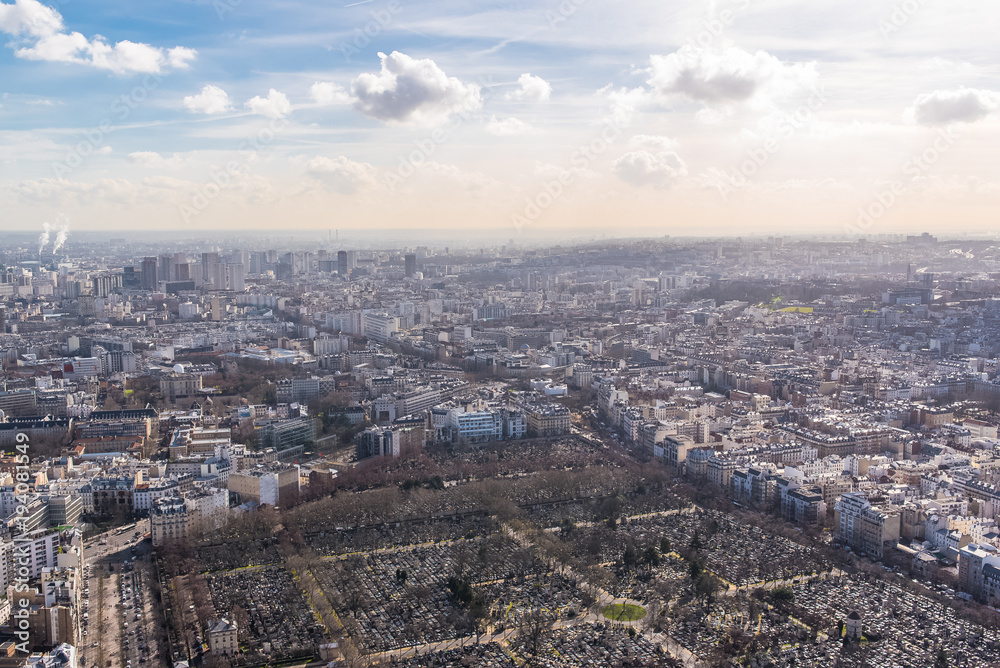 Paris, panorama, aerial view, Montparnasse cemetery and beautiful buildings 
