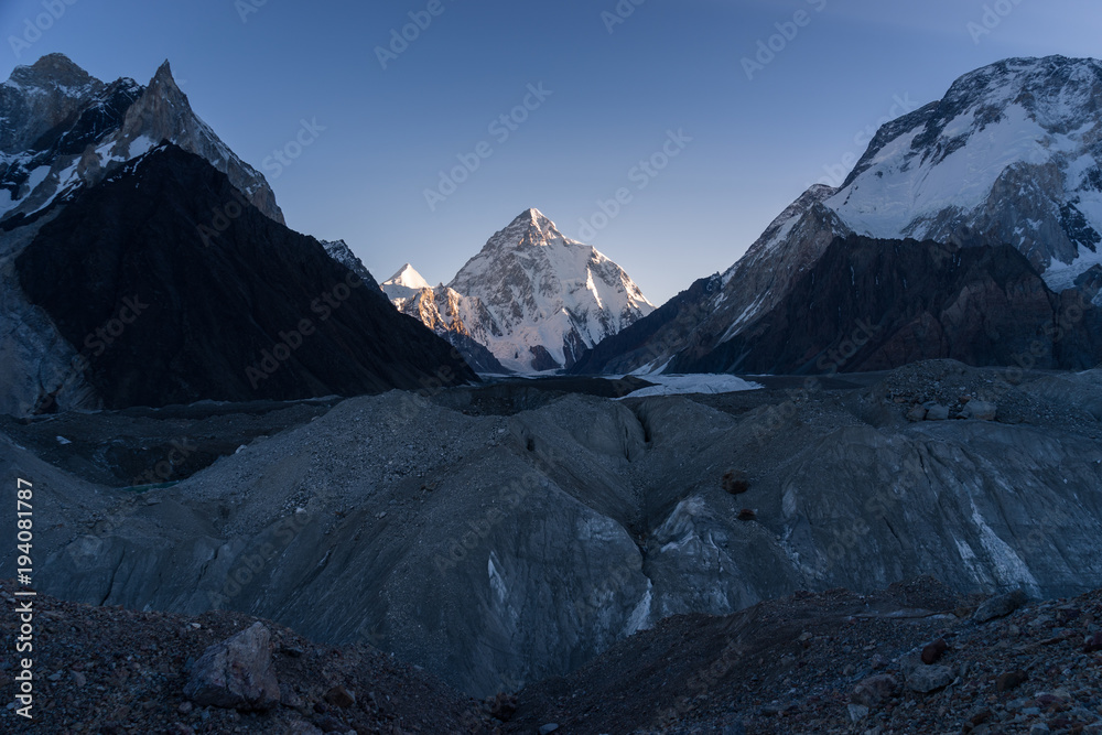 Obraz premium K2 mountain peak at sunrise, second highes mountain in the world, Karakoram mountains range, Pakistan, Asia