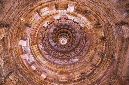 Carved ceiling of the Sun Temple. Built in 1026 - 27 AD during the reign of Bhima I of the Chaulukya dynasty, Modhera, Mehsana,  Gujarat