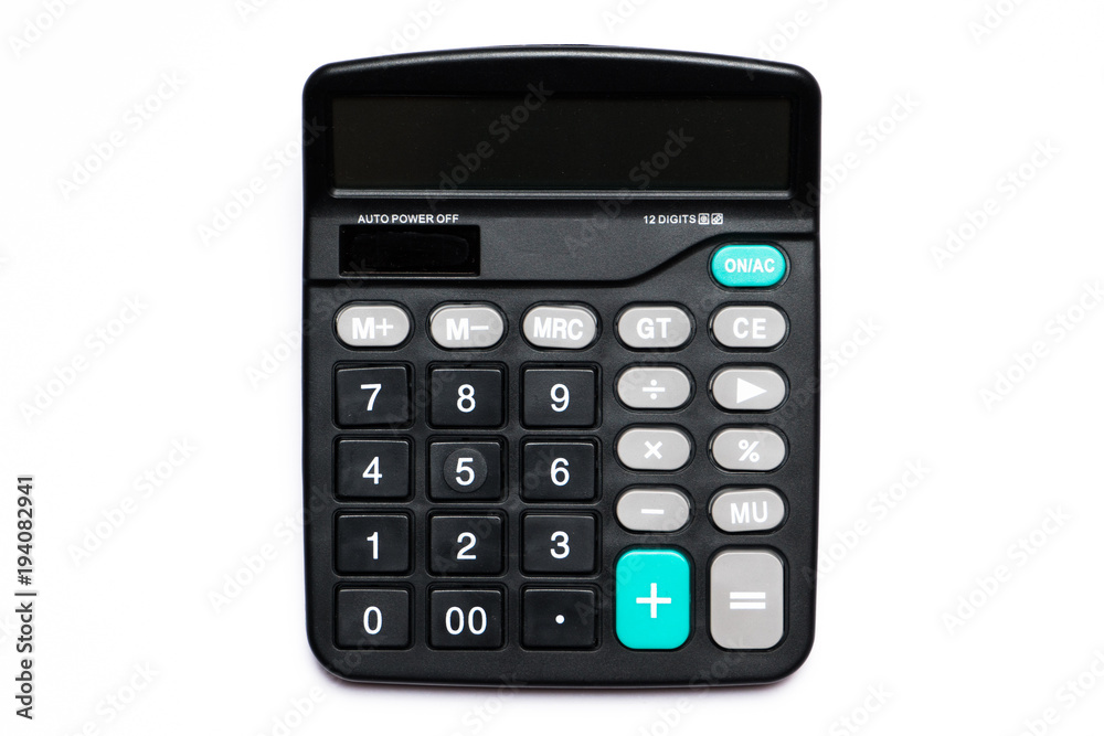 black calculator on white backgrounds, top view black calculator on white backgrounds, top view