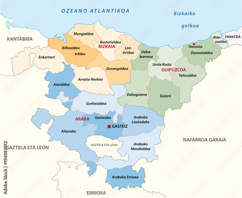 basque country administrative and political vector map in basque language
