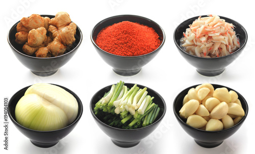 The Korean traditional food Kimchi ingredients isolated on white background. Ginger, garlic, onion, green onion, salted shrimp, red pepper powder. photo