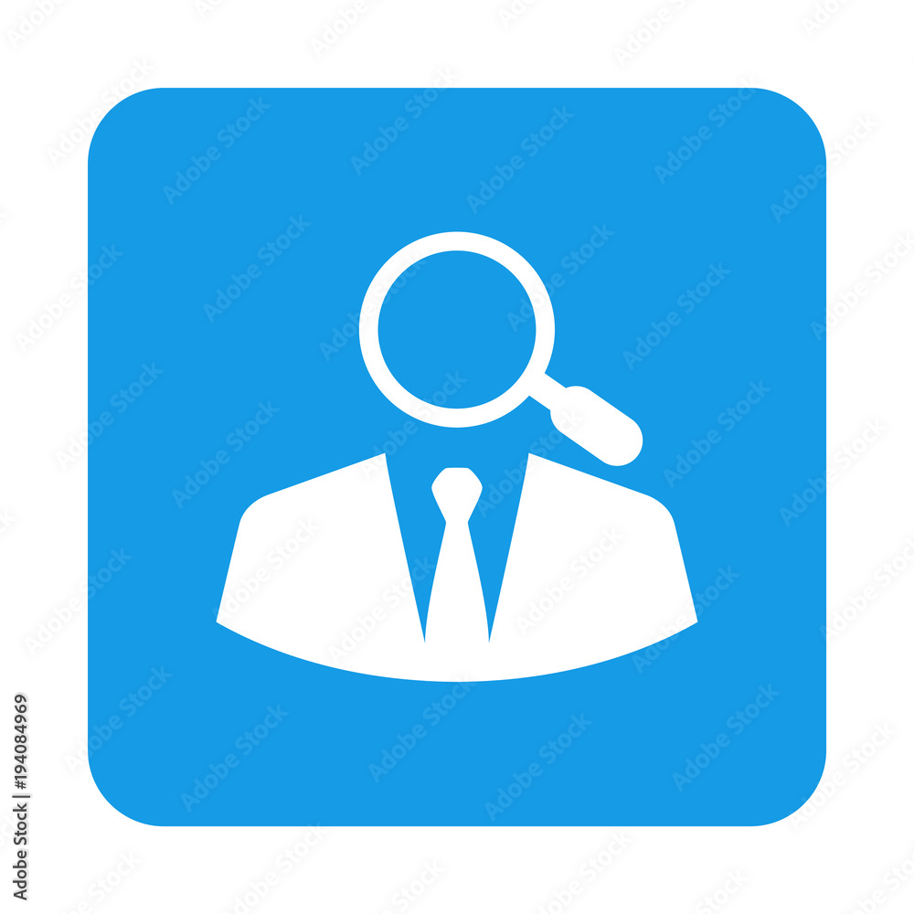 Icono plano hombre de negocios con lupa en cuadrado color azul Icono plano hombre de negocios con lupa en cuadrado color azul