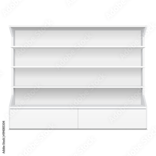 Blank Empty Showcase Display With Retail Shelves. 3D. Front View. Mock Up, Template. Illustration Isolated On White Background. Ready For Your Design. Product Advertising. Vector EPS10