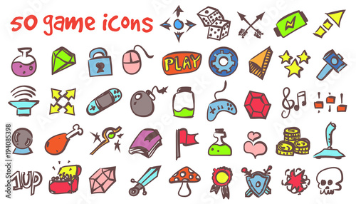 vector doodle game icons set