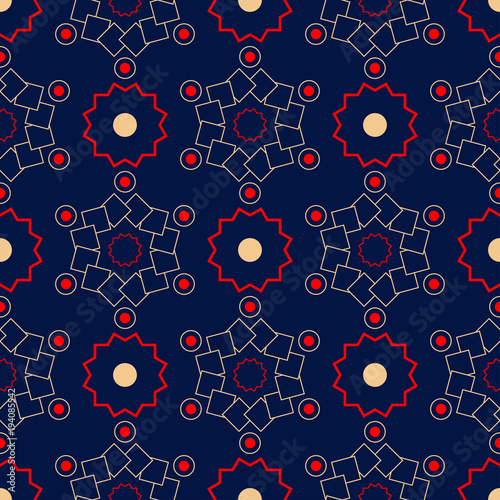 Geometric seamless pattern. Colored red and beige design on blue background