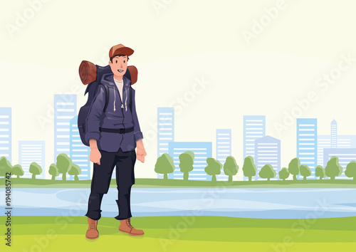 Happy young man on the morning walk in the city Park. A tourist with backpack. Vector Illustration.