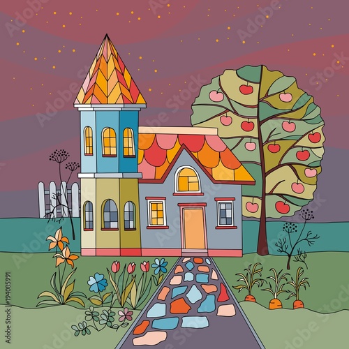 Night in village. Colorful country house with tower in garden with apple tree, flowers and garden beds. Vector illustration.