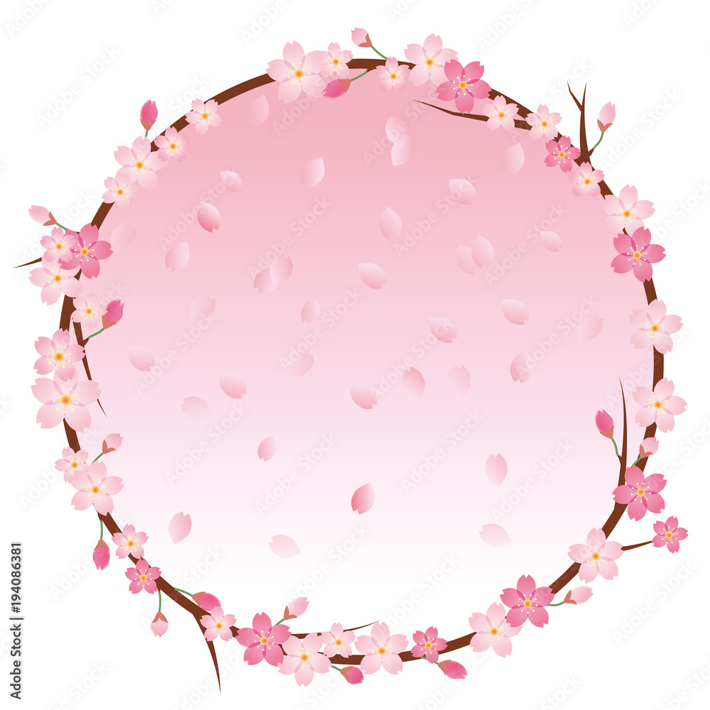 桜のイラスト 桜吹雪と桜のリース オーナメント 春のイメージのイラスト 背景 バックグラウンド Stock Vector Adobe Stock