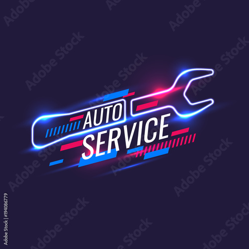 Neon style, auto service poster. Vector illustration