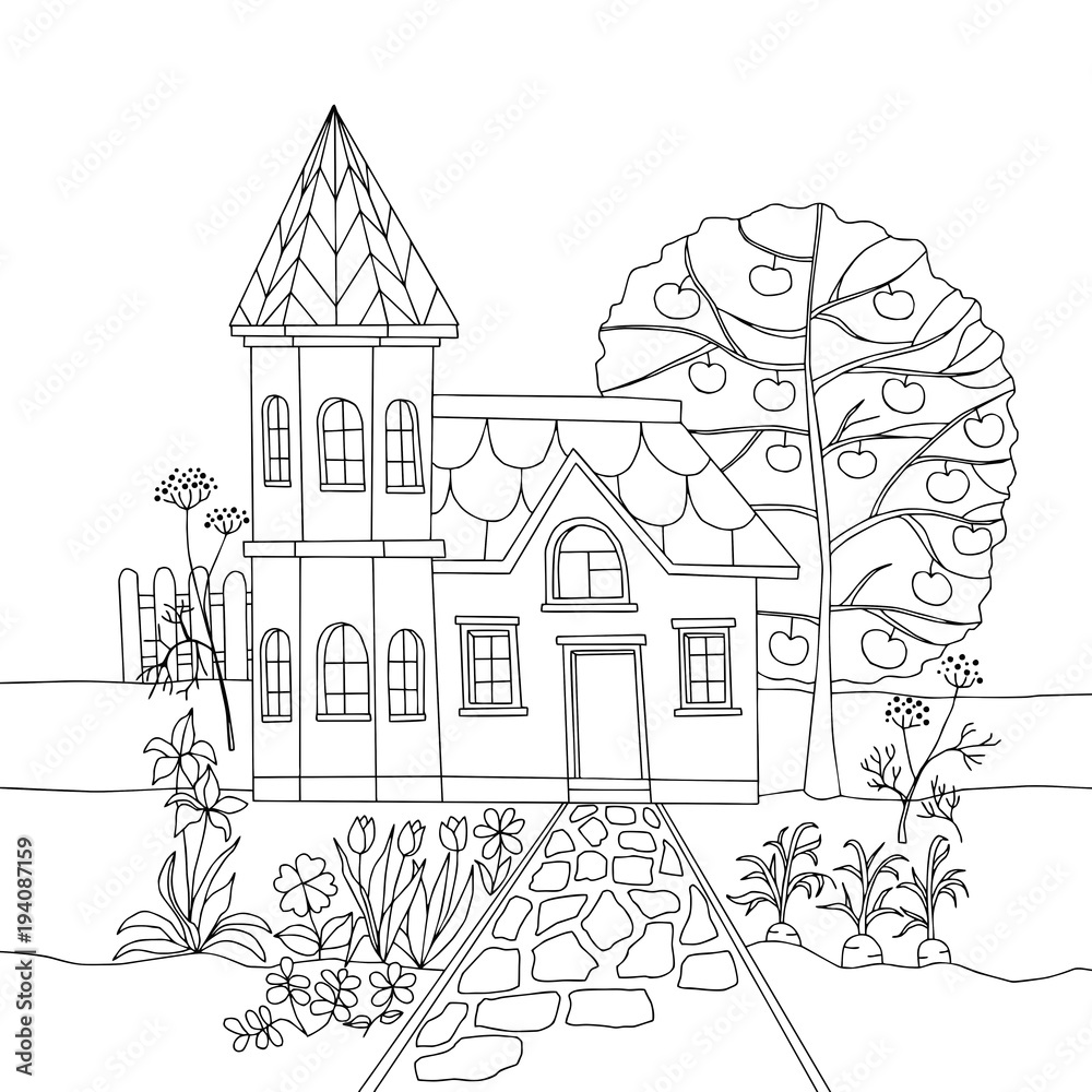Coloring book with country house in garden. Vector illustration.