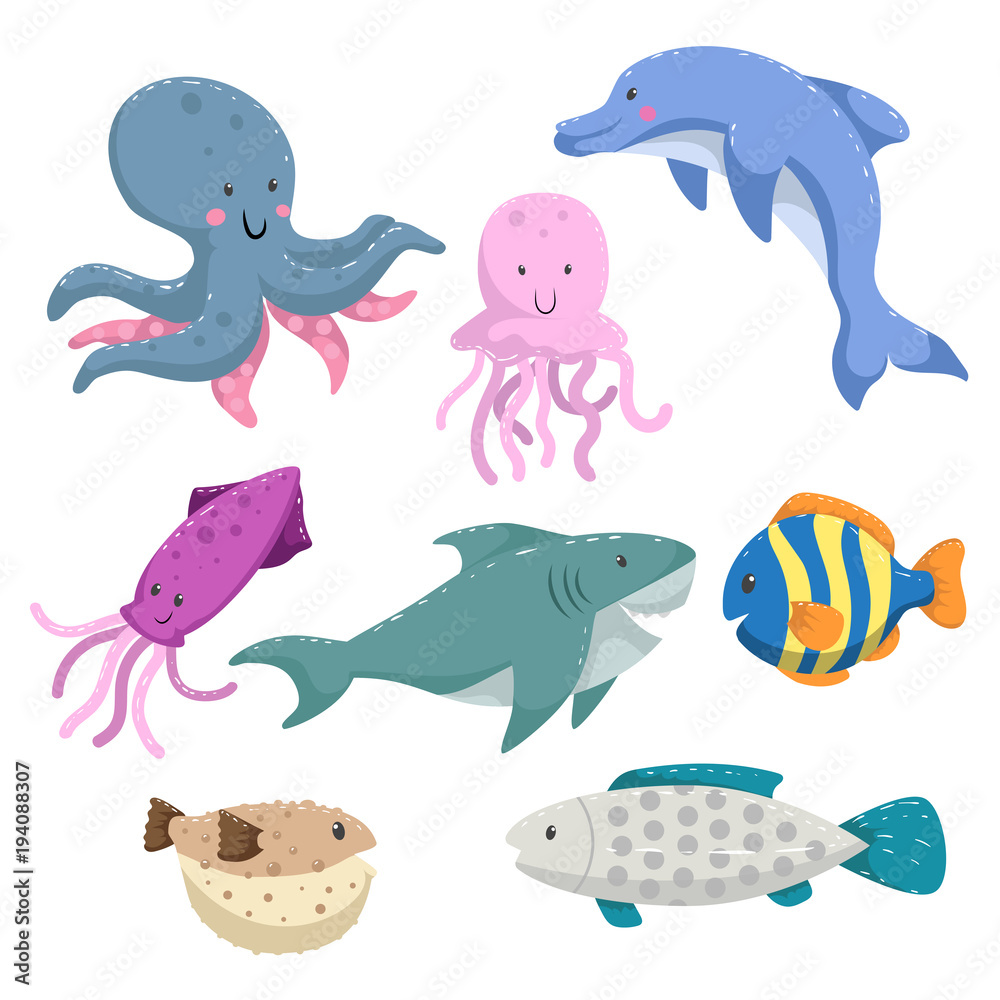 Sea animals cartoon set. Trendy design sea and ocean wildlife. Isolated vector illustration. Octopus, dolphin, shark, jellyfish, squid, striped color fish, blowfish and gray dotted fish. Sea animals cartoon set. Trendy design sea and ocean wildlife. Isolated vector illustration. Octopus, dolphin, shark, jellyfish, squid, striped color fish, blowfish and gray dotted fish.
