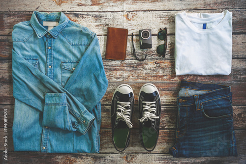 Simple Denim Vintage Classic Hipster Look Clothing Overhead  view choice guide idea for planning travel around the world  