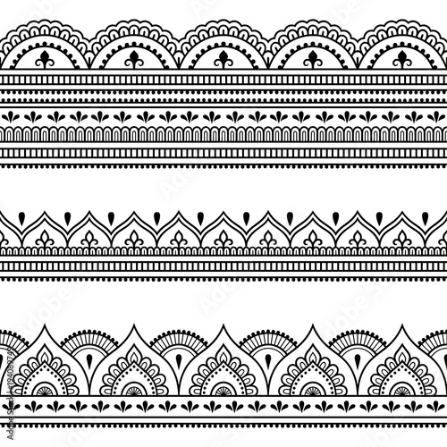 Set of seamless borders for design and application of henna. Mehndi style. Decorative pattern in oriental style.