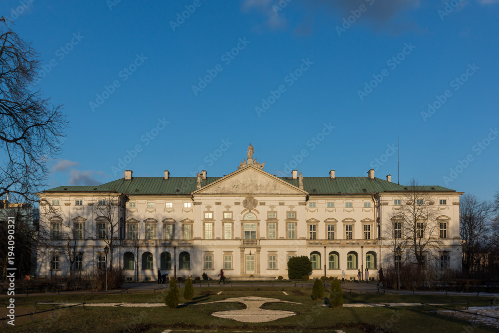 Baroque Krasinski Palace and blue sky in Warsaw, Poland