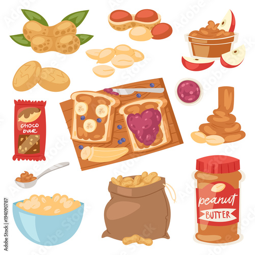 Peanut vector groundnut butter or peanut paste on toast bread illustration set of nutritious nut cream or nutshell isolated on white background