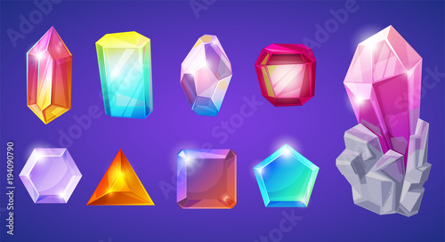 Crystal stone vector crystalline gem and precious gemstone for jewellery illustration set of jewel or mineral stony crystallization of natural quartz isolated on background