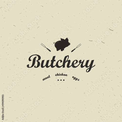 Emblem of Butchery meat shop with Pig silhouette, text The Butchery, Fresh Meat, farm products. Logo template for meat business - farmer shop, market, restaurant or design - banner, sticker.