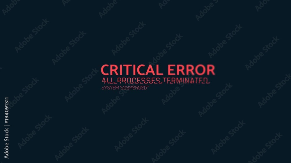 Critical error message flashing on screen, computer malfunction, hacking attack. Computer system crash, error message on screen