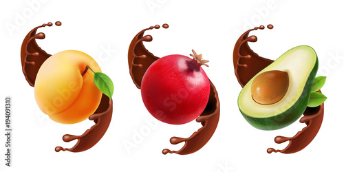 Fruit in chocolate splash Realistic illustration. 3d icon set