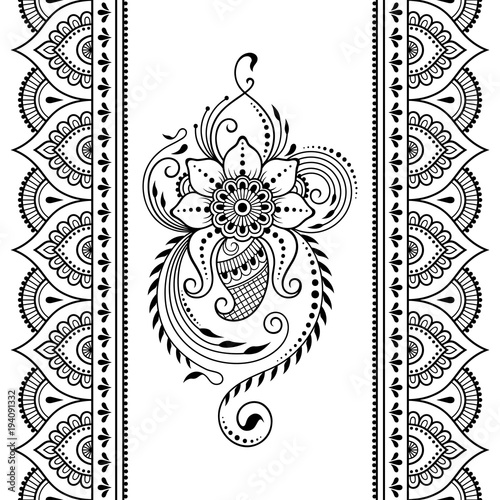 Henna tattoo flower template and seamless border. Mehndi style. Set of ornamental patterns in the oriental style.