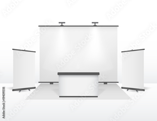 Realistic Detailed 3d Exhibition Stand Design Set. Vector