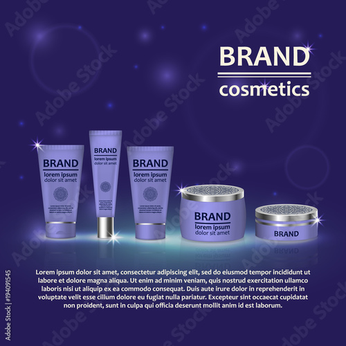 3D realistic cosmetic bottle ads template. Cosmetic brand advertising concept design with glitters and bokeh background