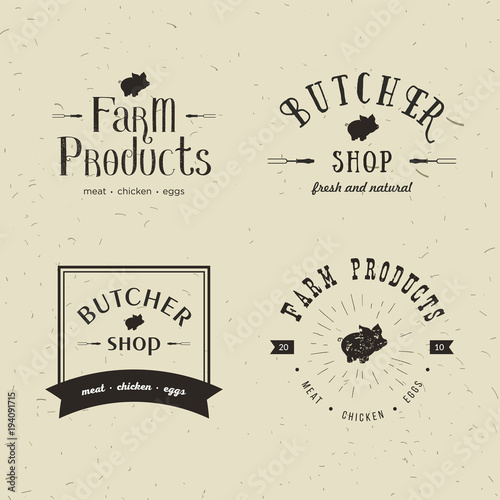 Set of retro styled butchery logo templates. Emblem of Butchery meat shop with Pig silhouette, text The Butchery, Fresh Meat, farm products. Farmer shop, market, restaurant or design banner, sticker.